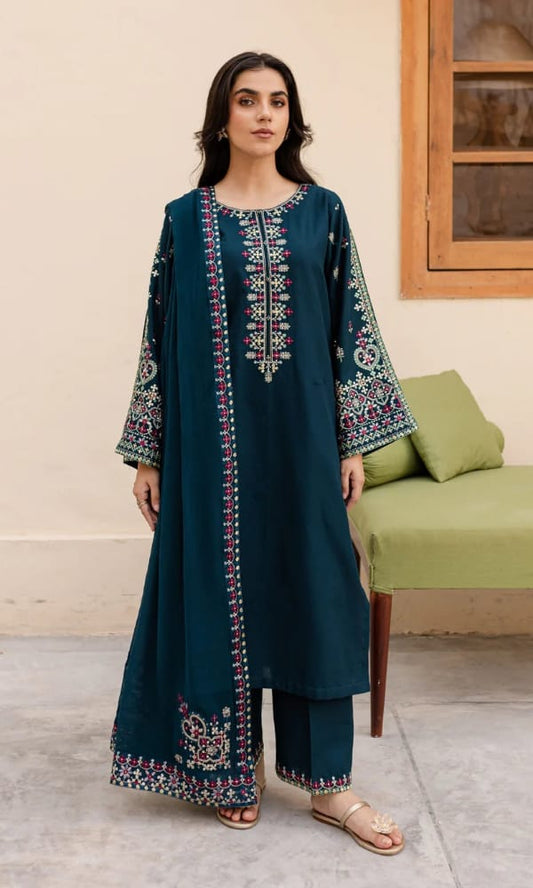 Sapphire Dhanak Collection SP-131333 – 3PC Embroidered Suit (Teal Blue)