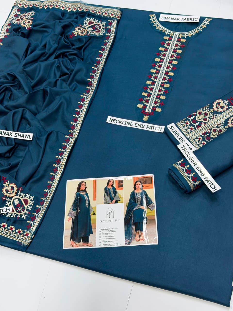 Sapphire Dhanak Collection SP-131333 – 3PC Embroidered Suit (Teal Blue)