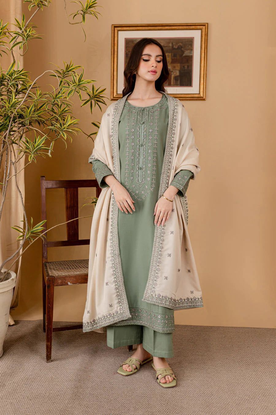 Batik Dhanak Collection BK-25333 – 3PC Embroidered Suit (Sage Green)
