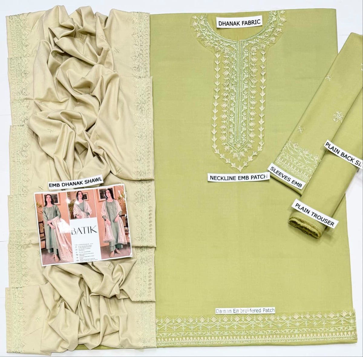 Batik Dhanak Collection BK-25333 – 3PC Embroidered Suit (Sage Green)