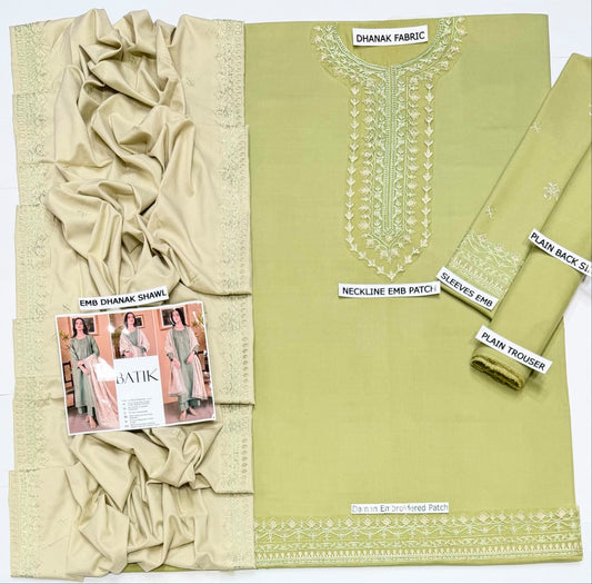 Batik Dhanak Collection BK-25333 – 3PC Embroidered Suit (Sage Green)