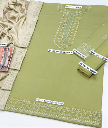 Batik Dhanak Collection BK-25333 – 3PC Embroidered Suit (Sage Green)