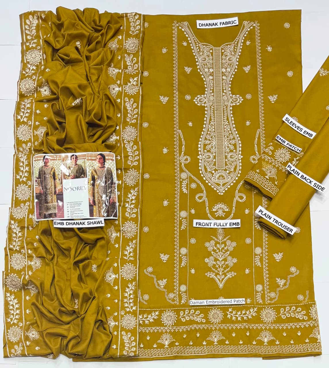 Noorey Dhanak Collection NY-49333 – 3PC Embroidered Suit (Olive Green)