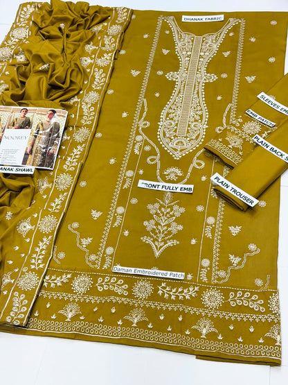 Noorey Dhanak Collection NY-49333 – 3PC Embroidered Suit (Olive Green)