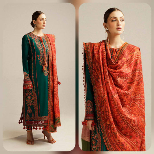 Hussain Rehar Dhanak Collection HR-16333 – 3PC Embroidered Suit (Teal Green)
