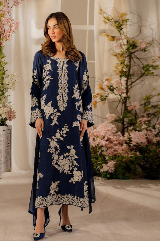 Vintage Winter Collection 2026 – 3PC Embroidered Dhanak Suit (Navy Blue)