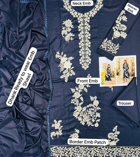Vintage Winter Collection 2026 – 3PC Embroidered Dhanak Suit (Navy Blue)