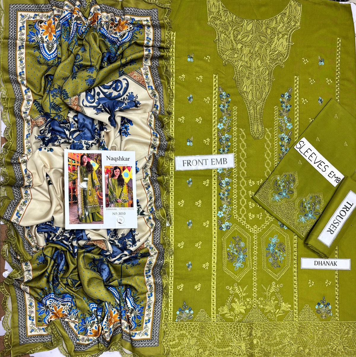 Naqshkar Dhanak Collection NF-3010 – 3PC Embroidered Suit (Premium)