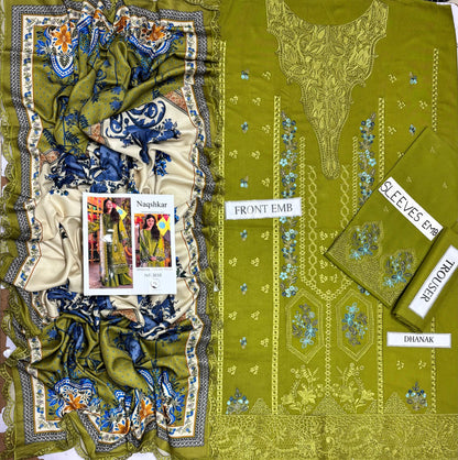 Naqshkar Dhanak Collection NF-3010 – 3PC Embroidered Suit (Premium)