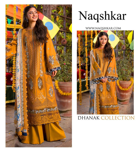 Naqshkar Dhanak Collection NF-3010 – 3PC Embroidered Suit (Mustard)