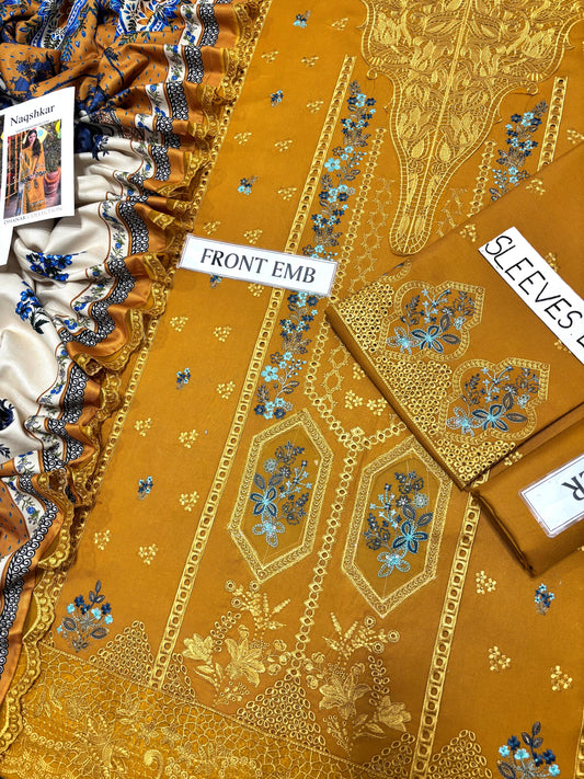 Naqshkar Dhanak Collection NF-3010 – 3PC Embroidered Suit (Mustard)