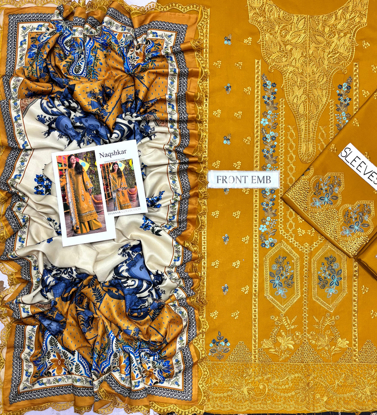 Naqshkar Dhanak Collection NF-3010 – 3PC Embroidered Suit (Mustard)