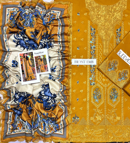 Naqshkar Dhanak Collection NF-3010 – 3PC Embroidered Suit (Mustard)