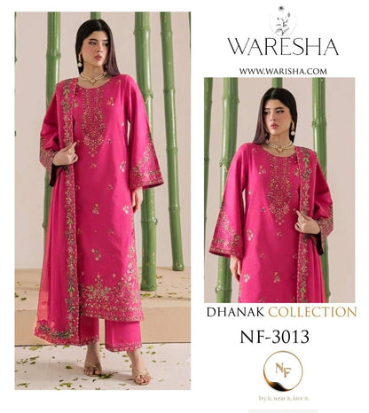 Waresha Dhanak Collection NF-3013 – 3PC Embroidered Suit (Hot Pink)