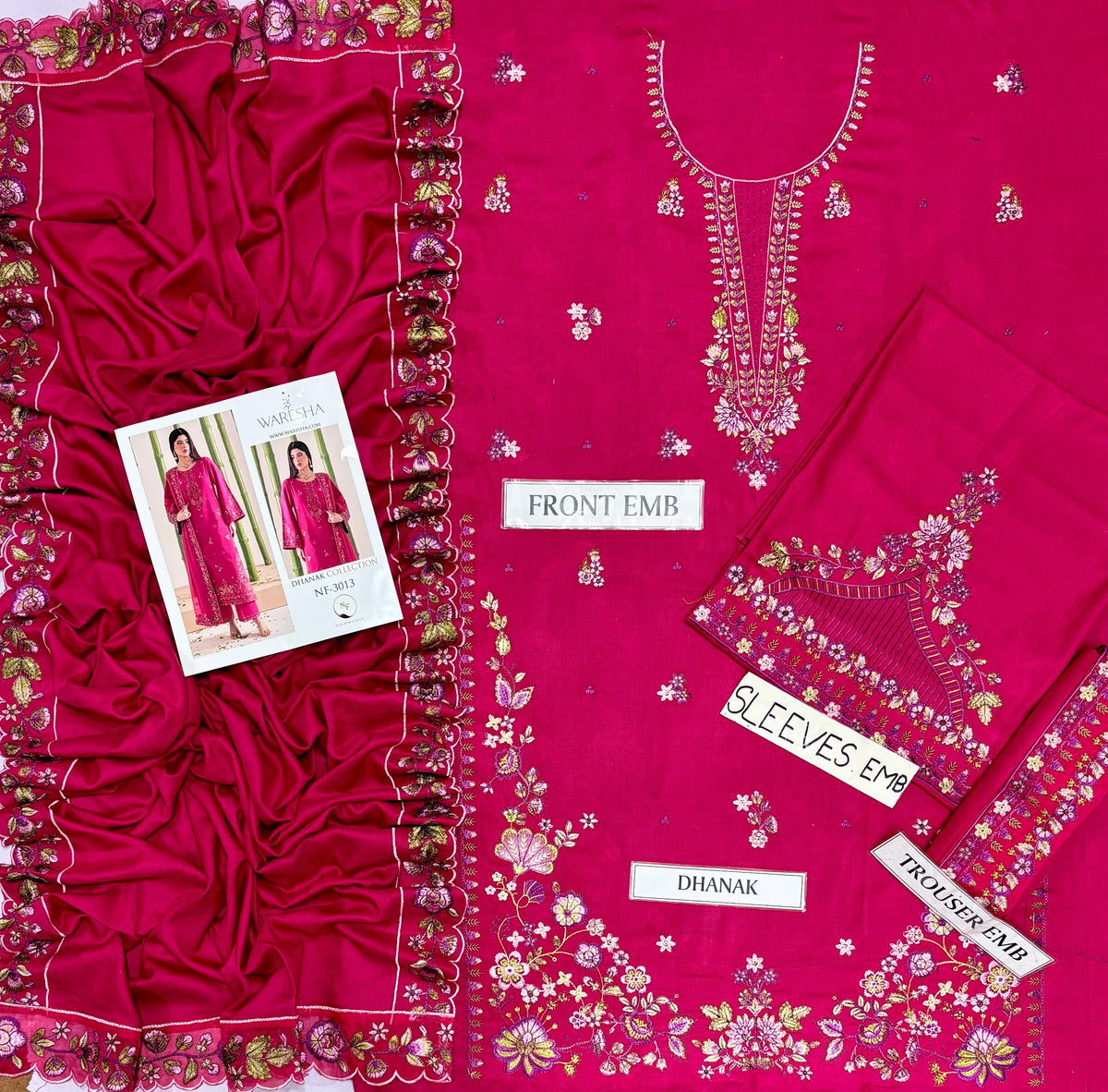 Waresha Dhanak Collection NF-3013 – 3PC Embroidered Suit (Hot Pink)