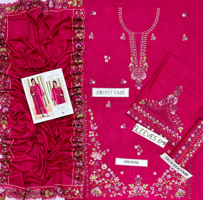 Waresha Dhanak Collection NF-3013 – 3PC Embroidered Suit (Hot Pink)