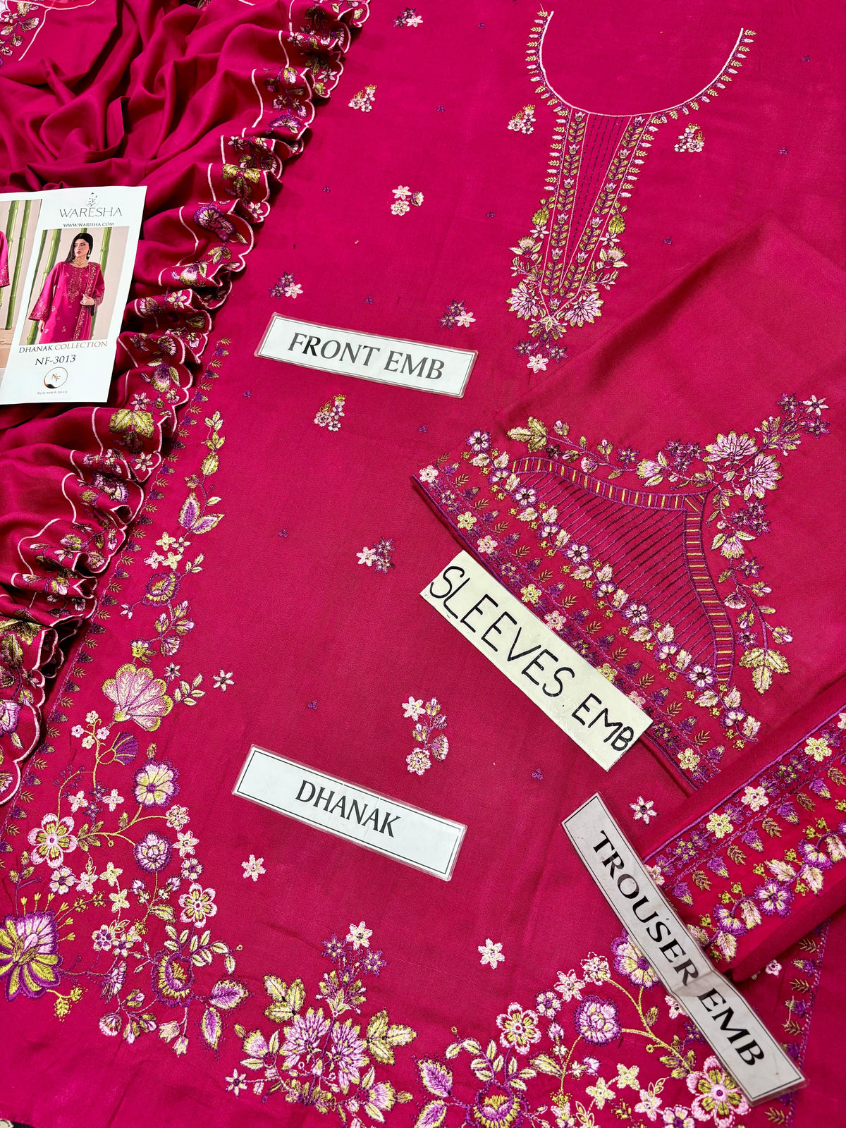 Waresha Dhanak Collection NF-3013 – 3PC Embroidered Suit (Hot Pink)