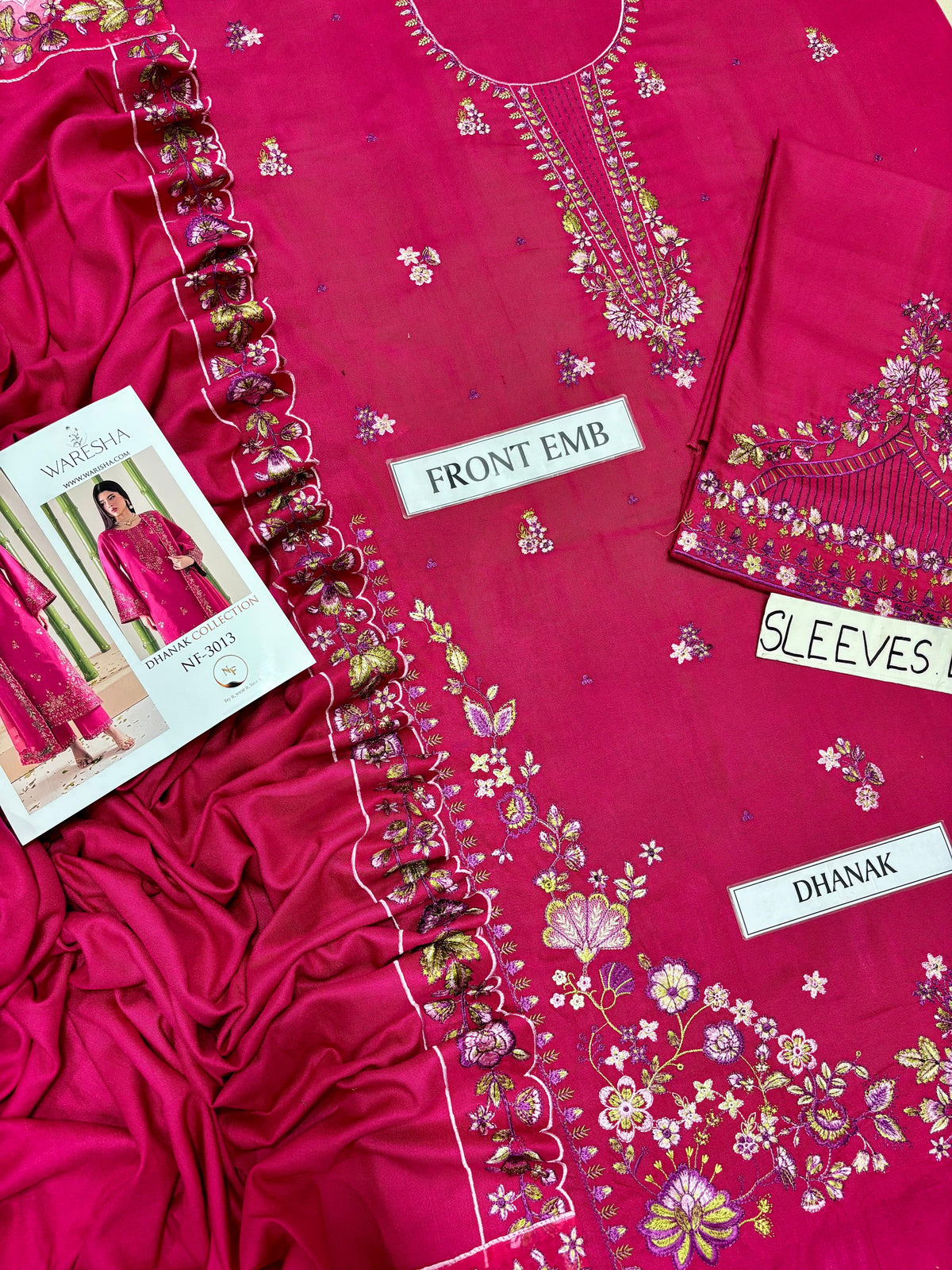 Waresha Dhanak Collection NF-3013 – 3PC Embroidered Suit (Hot Pink)