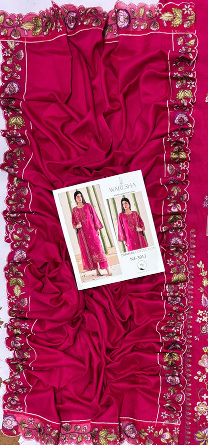 Waresha Dhanak Collection NF-3013 – 3PC Embroidered Suit (Hot Pink)