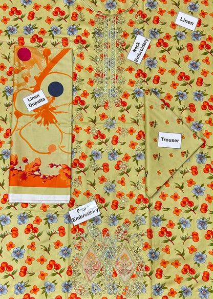 Linen Neck Embroidery Collection 2026 | Printed Dupatta & Trouser
