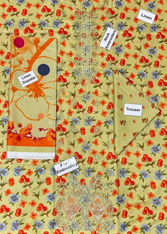 Linen Neck Embroidery Collection 2026 | Printed Dupatta & Trouser