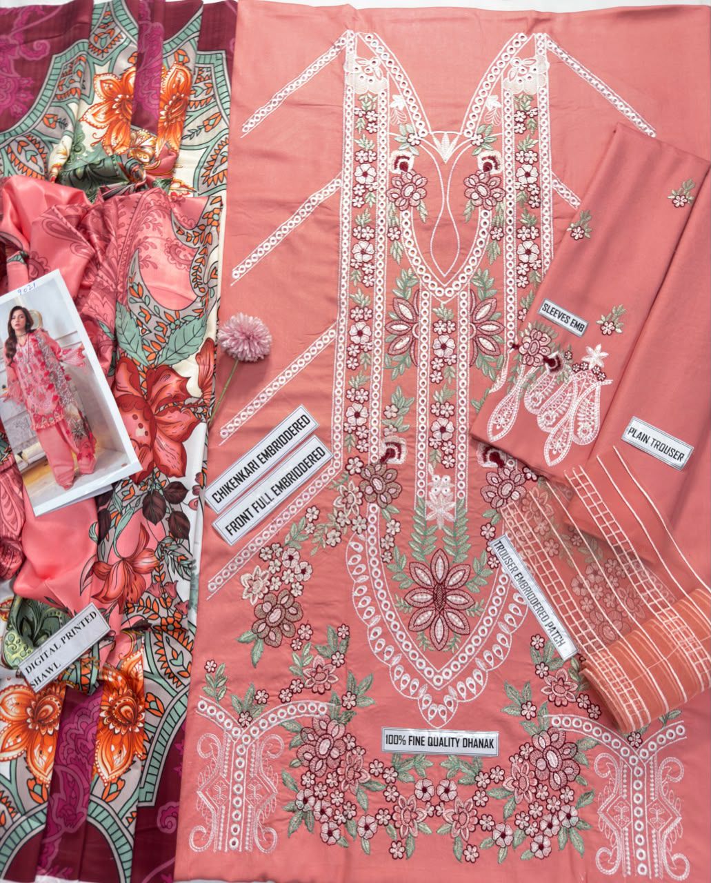 Jade 9021 | Premium Dhanak Chikankari Heavy Embroidery 3-Piece Winter Suit