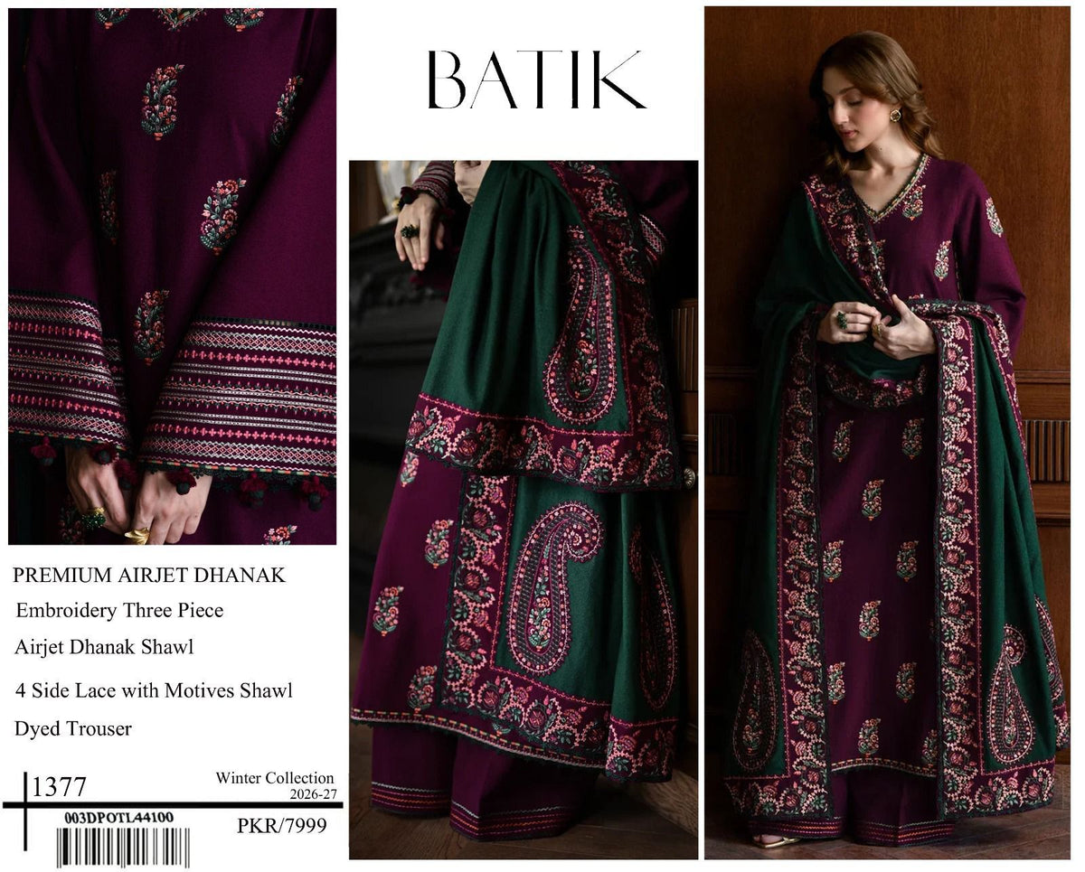 Batik 1377 | Premium Airjet Dhanak Heavy Embroidery 3-Piece Winter Suit