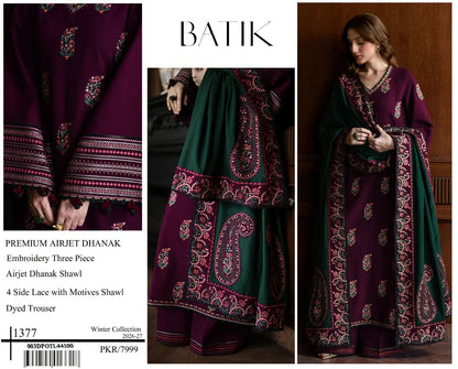 Batik 1377 | Premium Airjet Dhanak Heavy Embroidery 3-Piece Winter Suit