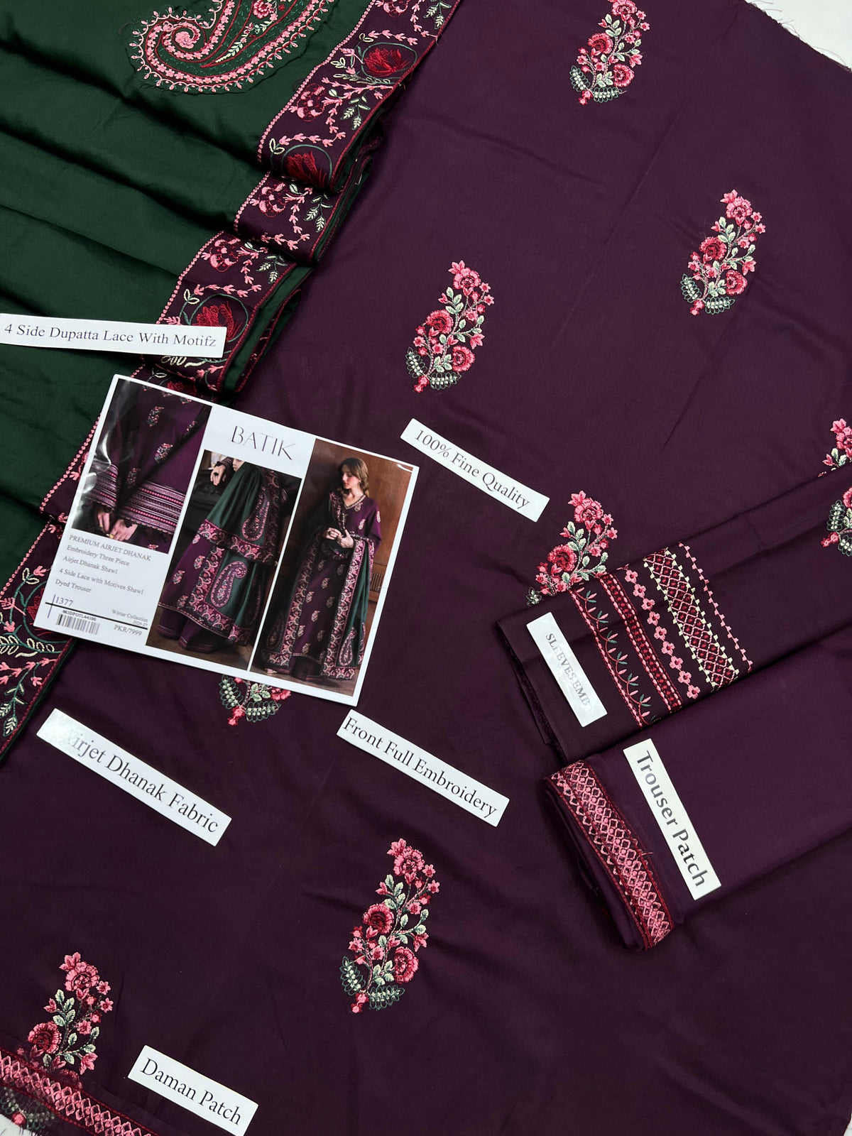 Batik 1377 | Premium Airjet Dhanak Heavy Embroidery 3-Piece Winter Suit