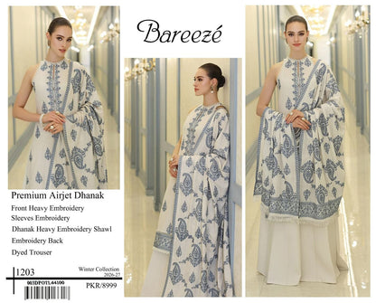 Bareeze 1203 | Premium Airjet Dhanak Heavy Embroidery 3-Piece Winter Suit