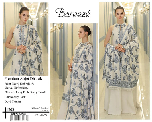 Bareeze 1203 | Premium Airjet Dhanak Heavy Embroidery 3-Piece Winter Suit