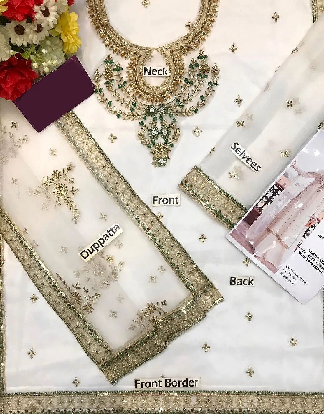 Heavy Embroidered Chiffon & Malai Unstitched Suit | Off White Bridal Collection