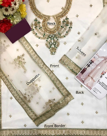 Heavy Embroidered Chiffon & Malai Unstitched Suit | Off White Bridal Collection