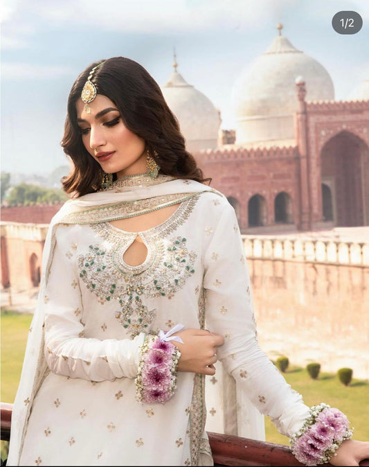 Heavy Embroidered Chiffon & Malai Unstitched Suit | Off White Bridal Collection