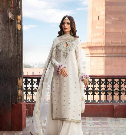 Heavy Embroidered Chiffon & Malai Unstitched Suit | Off White Bridal Collection