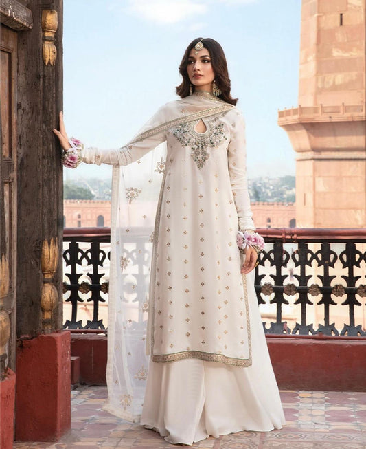Heavy Embroidered Chiffon & Malai Unstitched Suit | Off White Bridal Collection