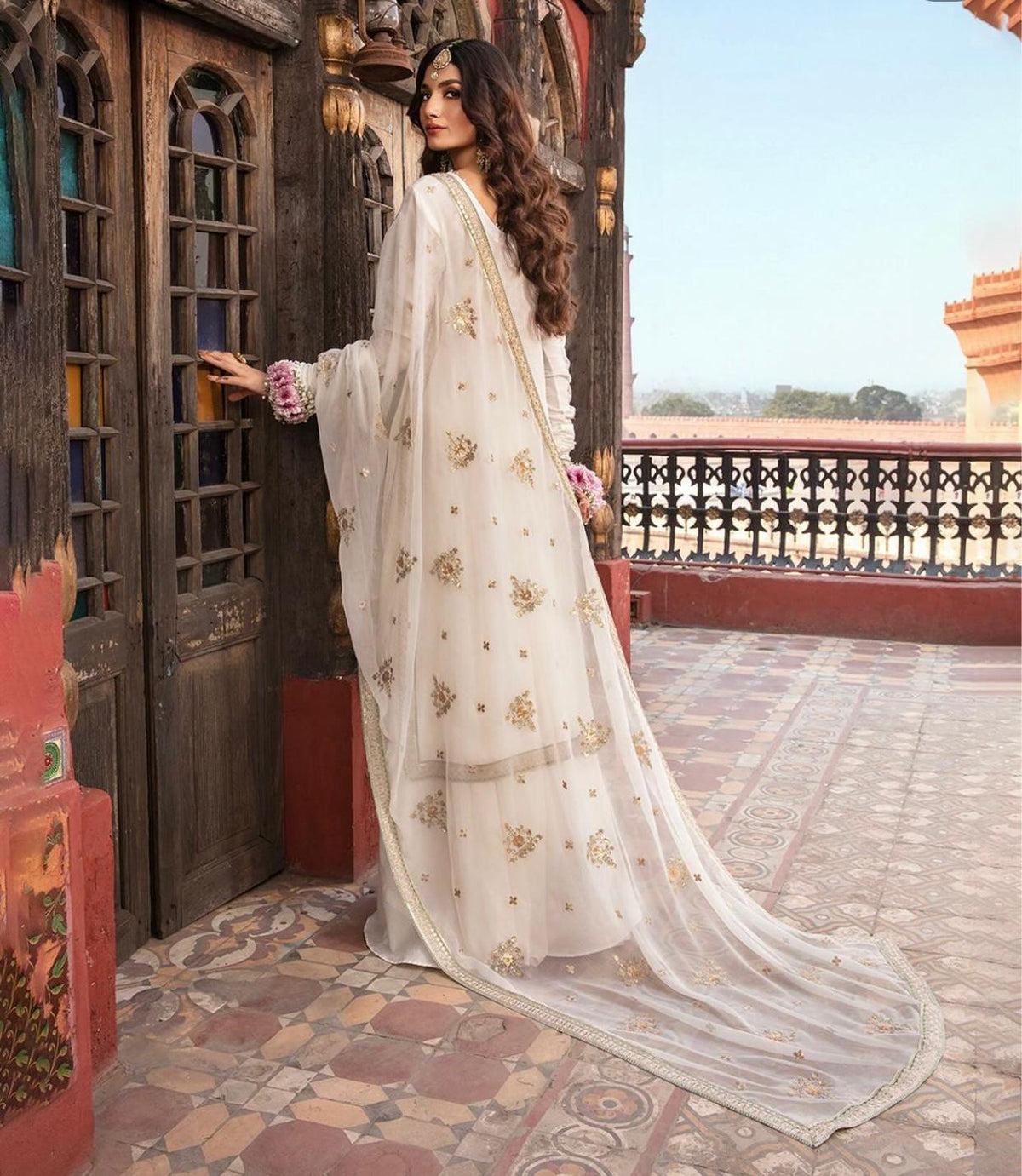 Heavy Embroidered Chiffon & Malai Unstitched Suit | Off White Bridal Collection