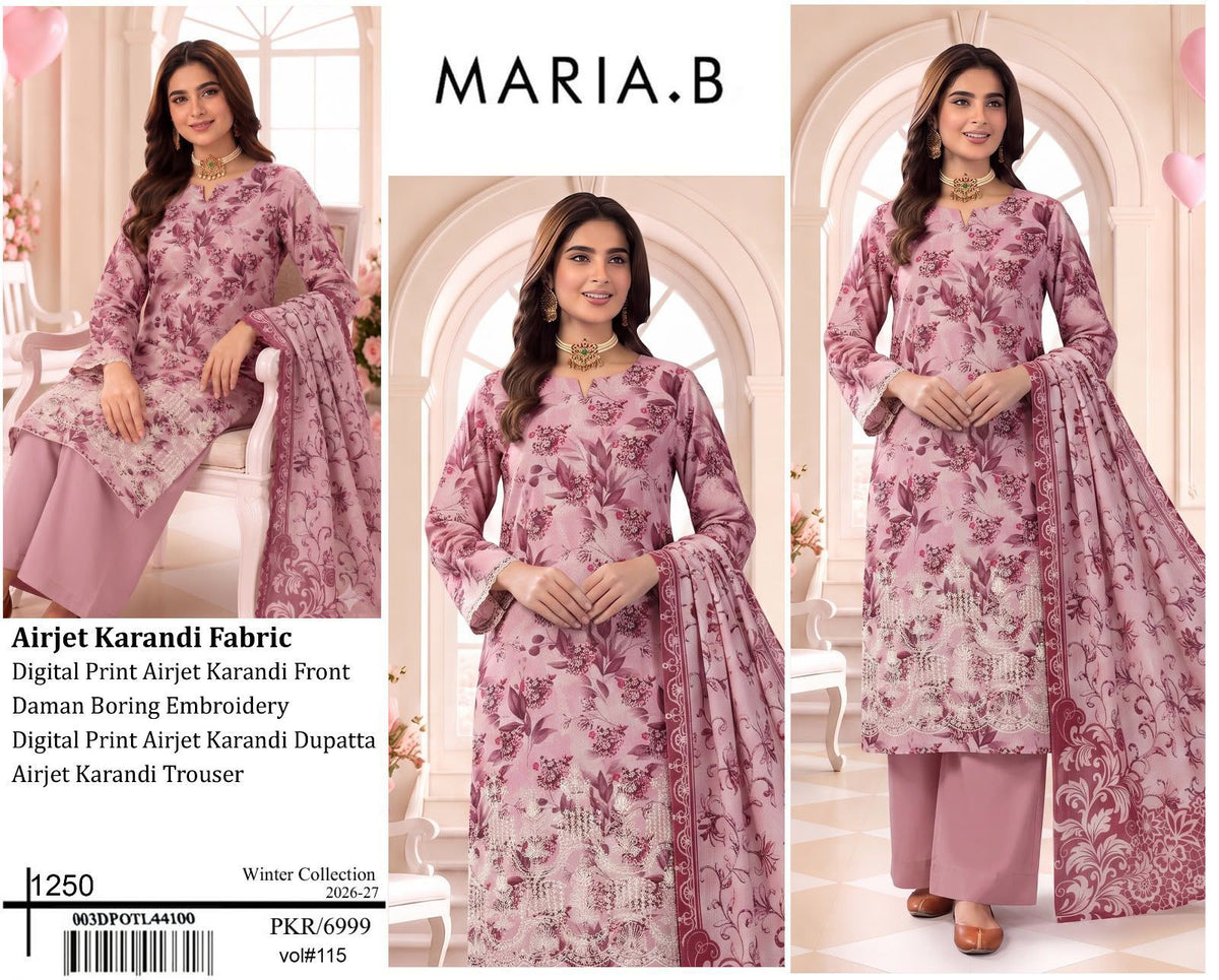 Maria B Premium Digital Print Airjet Karandi Unstitched Suit | Daman Heavy Boring