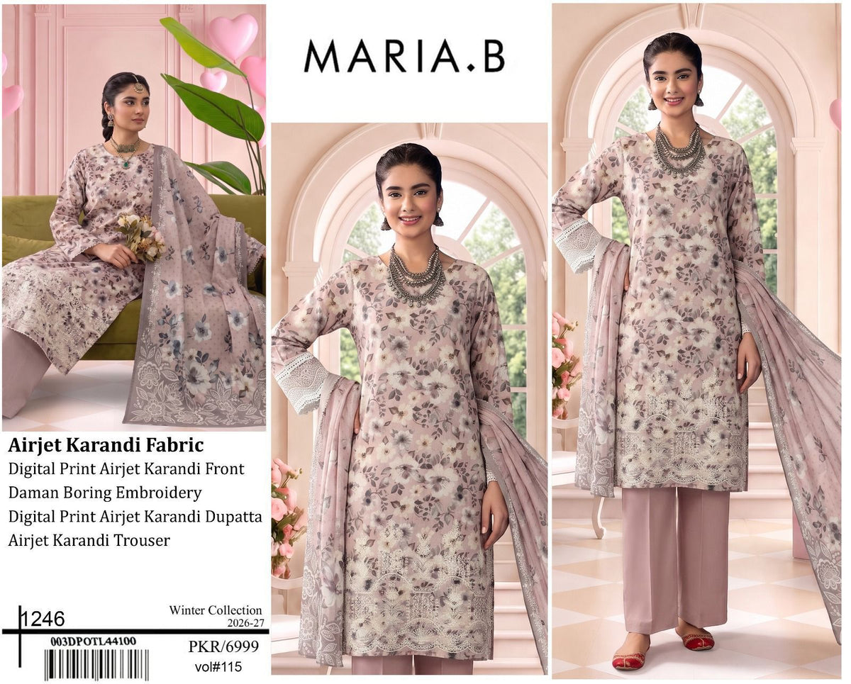 Maria B Premium Digital Print Airjet Karandi Unstitched Suit | Daman Heavy Boring - Beige