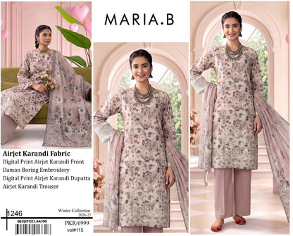 Maria B Premium Digital Print Airjet Karandi Unstitched Suit | Daman Heavy Boring - Beige
