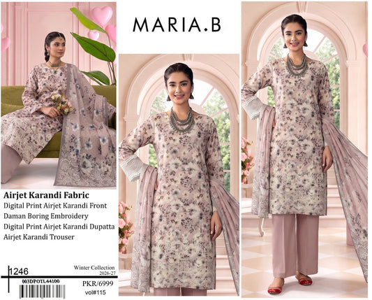 Maria B Premium Digital Print Airjet Karandi Unstitched Suit | Daman Heavy Boring - Beige
