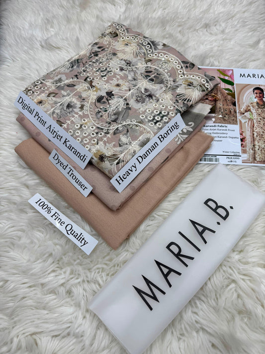 Maria B Premium Digital Print Airjet Karandi Unstitched Suit | Daman Heavy Boring - Beige