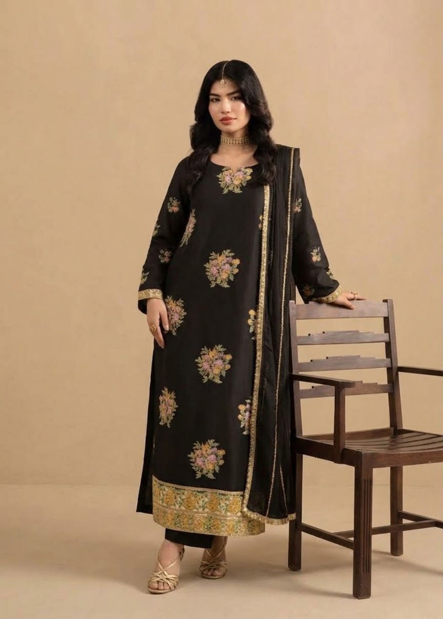 Maria B Dhanak Embroidered Suit 2715 – Black | Winter Collection 2026-27