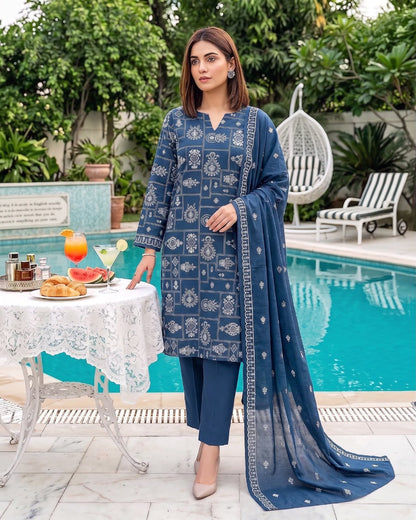 Premium Airjet Dhanak With Embroidery Dhanak Shawl – Steel Blue | Winter Collection 2026-27