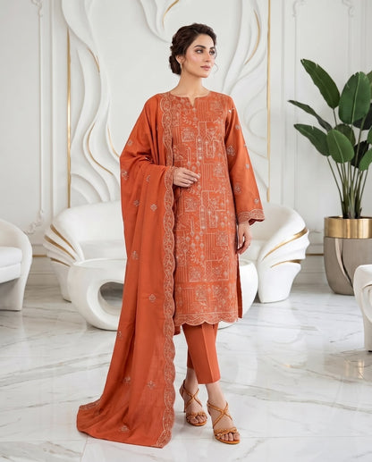 Premium Airjet Dhanak With Embroidery Dhanak Shawl – Rust Orange | Winter Collection 2026-27