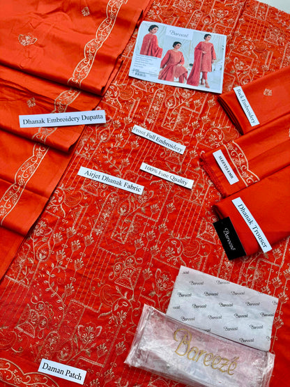 Premium Airjet Dhanak With Embroidery Dhanak Shawl – Rust Orange | Winter Collection 2026-27