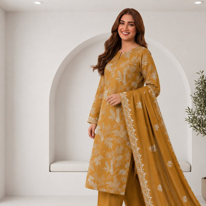 Premium Airjet Dhanak With Embroidery Dhanak Shawl – Mustard | Winter Collection 2026-27