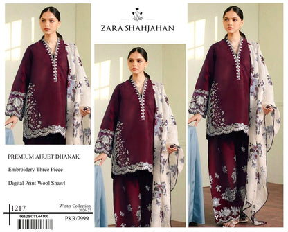 Premium Maroon Airjet Dhanak Embroidered 3-Piece Suit with Digital Wool Shawl | Zara Shajahan