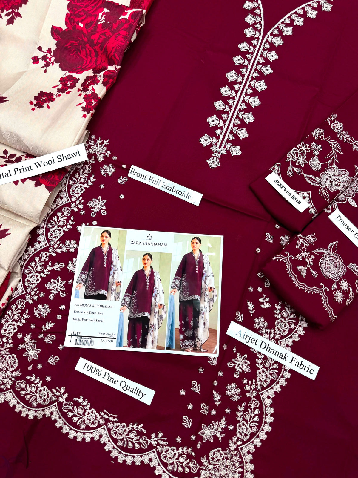 Premium Maroon Airjet Dhanak Embroidered 3-Piece Suit with Digital Wool Shawl | Zara Shajahan