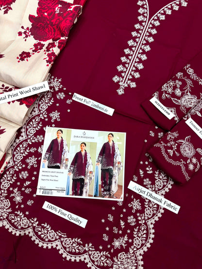 Premium Maroon Airjet Dhanak Embroidered 3-Piece Suit with Digital Wool Shawl | Zara Shajahan